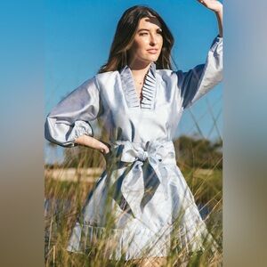 TUCKERNUCK SUE SARTOR Light Blue Flounce Mini Silk Taffeta Dress Size XS